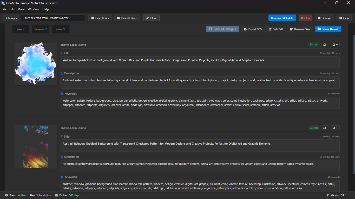 GenMeta desktop app showing generated titles, descriptions and keywords